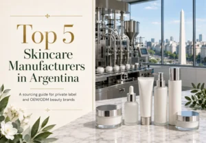 Promotional image featuring the title 'Top 5 Producteurs de Soins de la peau en Argentine' avec un fond de marbre, bouteilles de produits de soin de la peau, et une configuration d'usine moderne en arrière-plan.