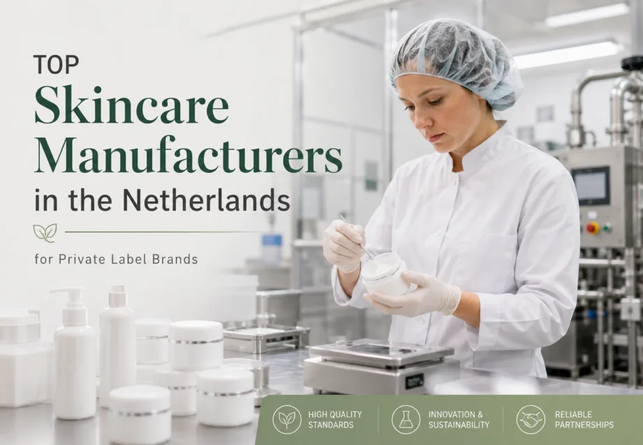 Witte containers en een laboratoriummedewerker in steriele uitrusting die huidverzorgingsproducten hanteert, waarbij de nadruk wordt gelegd op private label productie in Nederland.