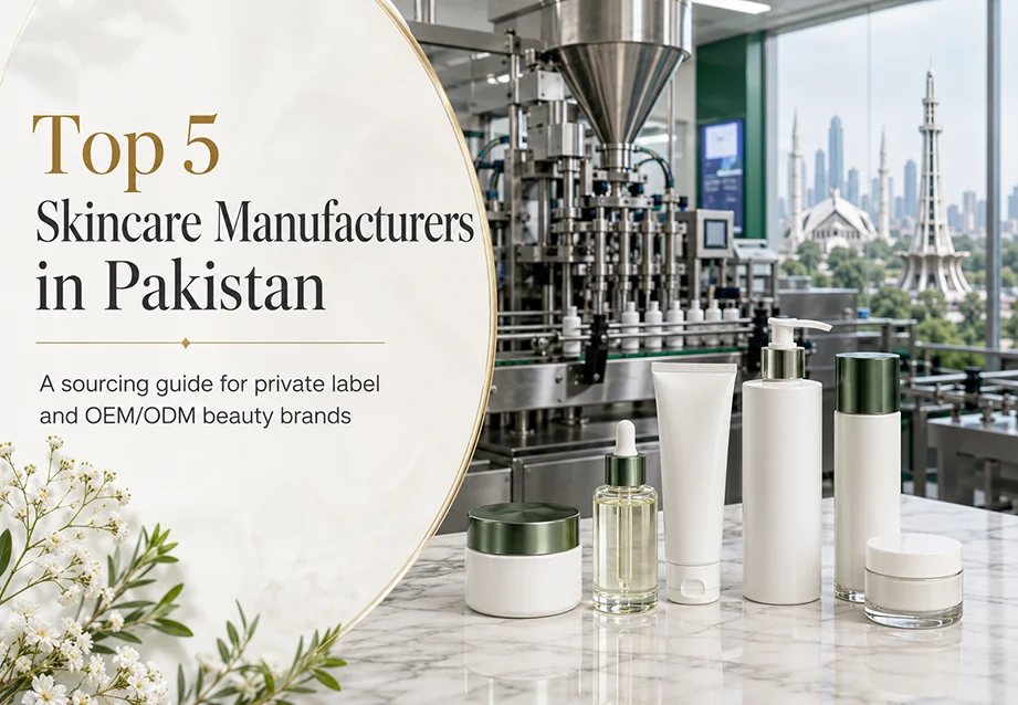 Promotional image for 'Top 5 Skincare Manufacturers in Pakistan' featuring cosmetic containers on a marble surface with industrial machinery and Pakistan's skyline in the background.