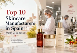 Skincare products on a marble counter labeled 'Votre Marque' avec un laboratoire et des professionnels en blouse travaillant en arrière-plan.