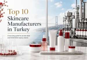 Produits de soin dans un emballage élégant sur une surface en marbre avec une installation de production et une vue sur un pont en Turquie en arrière-plan.