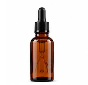 Amber glass dropper bottle with black screw-on cap, featuring a slender dropper inside, set against a plain white background.