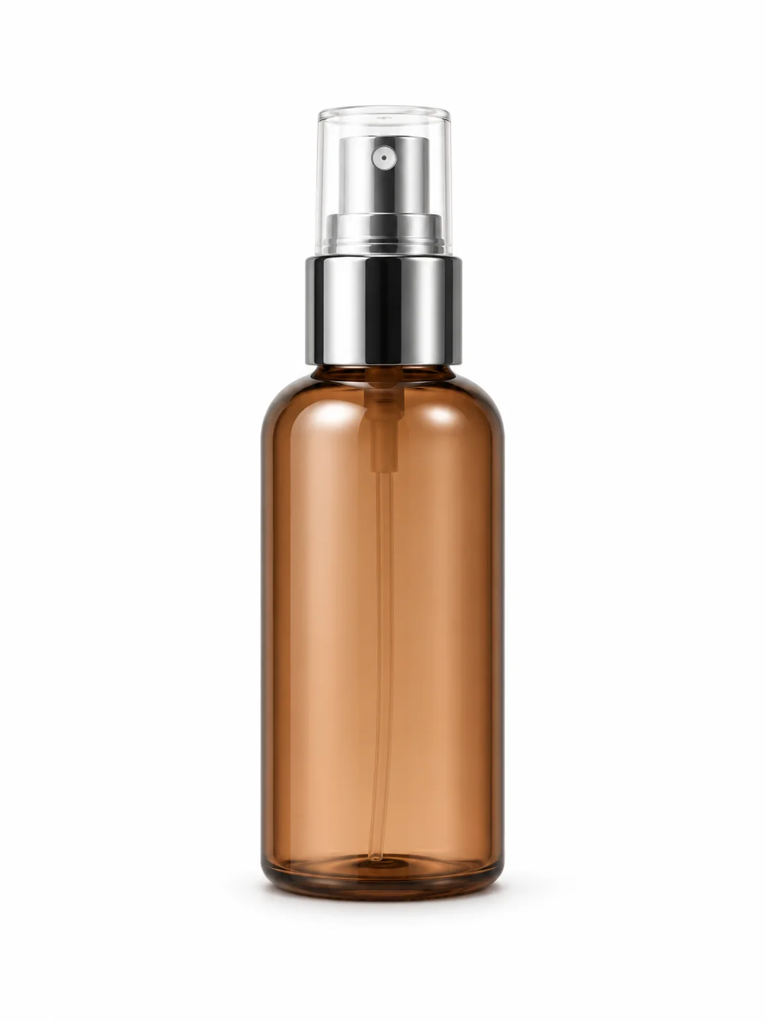 Amber glass spray bottle with a silver dispenser and transparent cap against a white background.