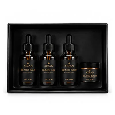 A black boxed set containing three bottles of beard oil and one jar of beard balm, labeled XIRAN.