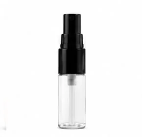 A small clear plastic spray bottle with a black nozzle, suitable for holding liquids like perfumes or sanitizers.