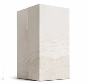 A cream-colored rectangular box with subtle abstract wave patterns, featuring a clean and minimalist design.
