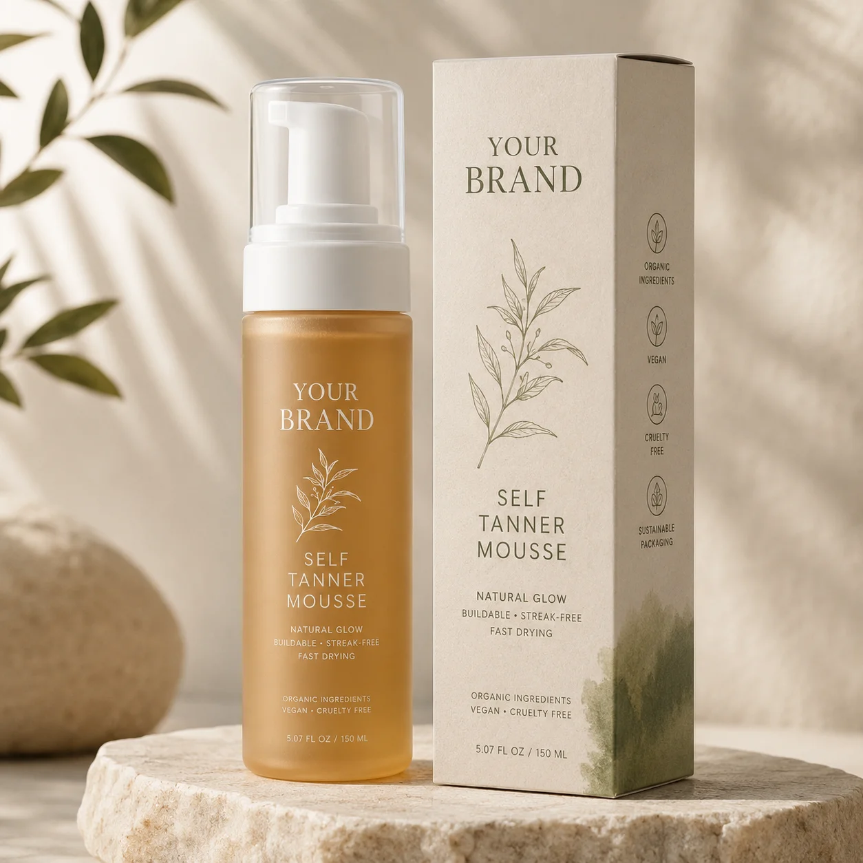 Self-tanner mousse bottle and packaging with natural aesthetic. Organico, vegano, senza crudeltà, and sustainable branding displayed.
