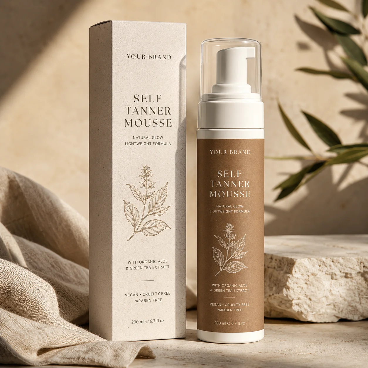 Self-tanner mousse in eco-friendly packaging with box, featuring organic aloe and green tea extract details, placed on a beige background.