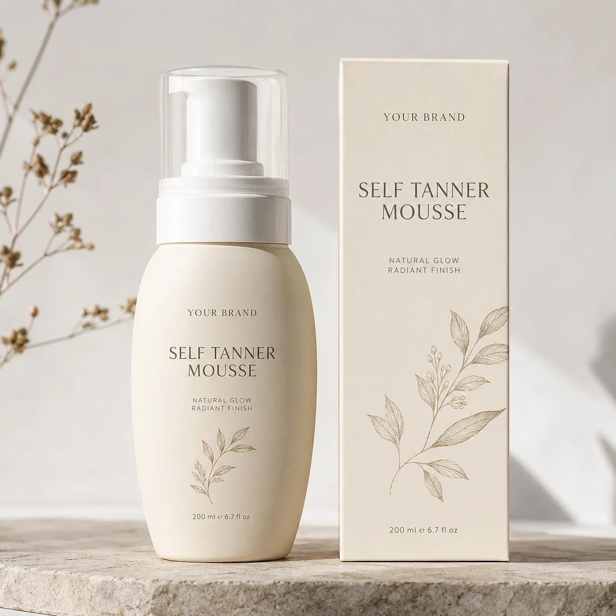 A bottle of self tanner mousse labeled 'Your Brand' next to its matching rectangular packaging, with botanical illustrations, placed on a stone surface and soft natural lighting.
