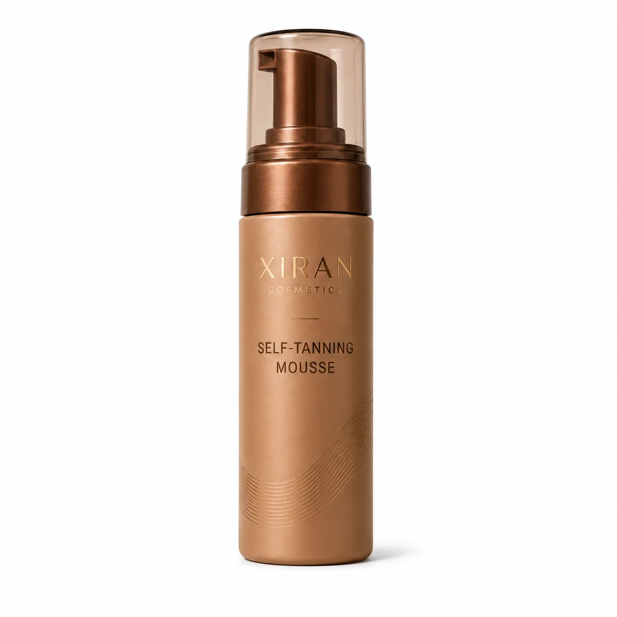 A self-tanning mousse bottle labeled 'Xiran Cosmetics' with a bronze and gold tone and an elegant pump dispenser.