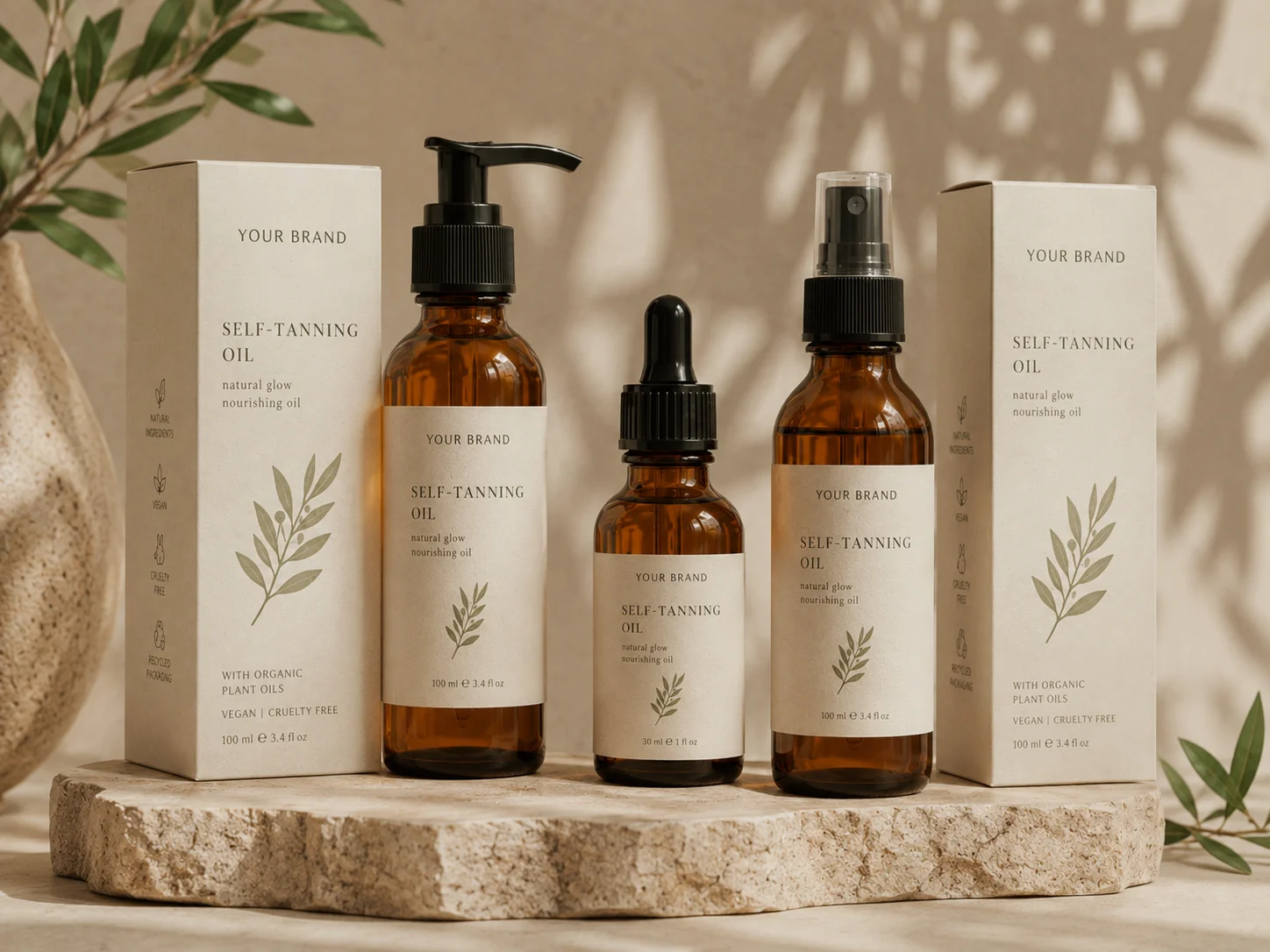 Four brown glass bottles of self-tanning oil with beige labels and packaging featuring botanical designs, arranged on a textured stone and surrounded by soft lighting and leaves.
