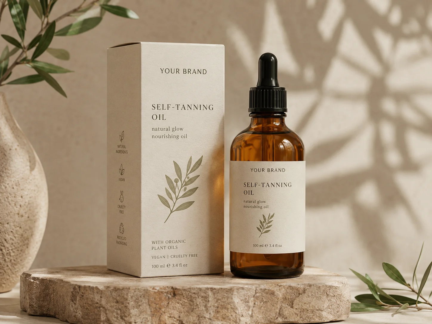 Amber bottle of self-tanning oil with dropper and eco-friendly packaging placed on textured stone surrounded by olive branches.