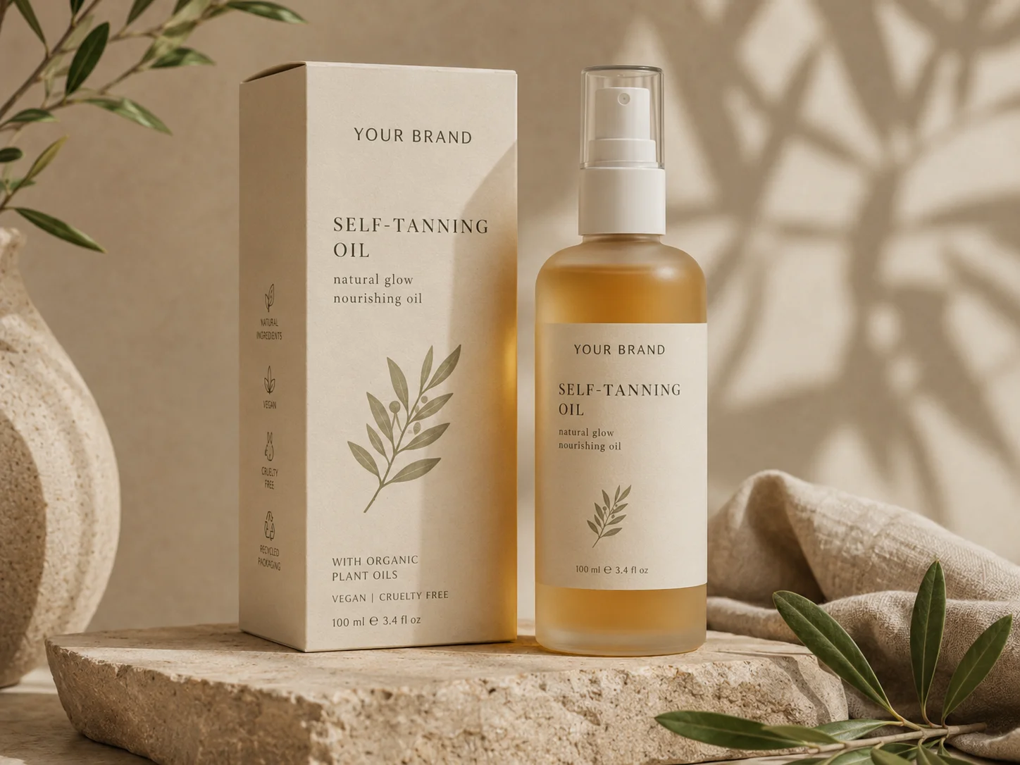 A bottle of self-tanning oil with organic plant oils and its matching eco-friendly box on a rustic stone surface with natural elements.