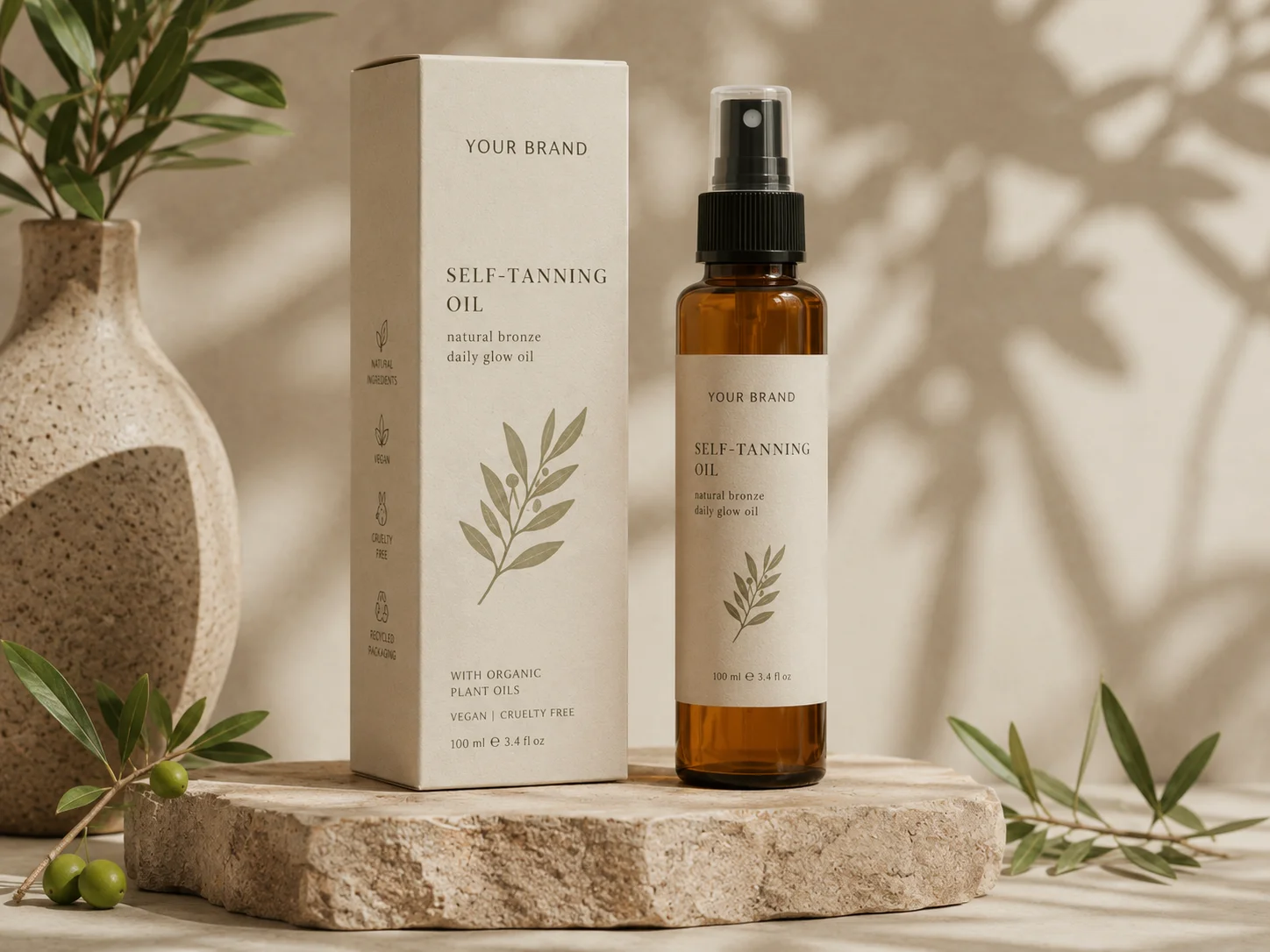 Self-tanning oil bottle and box featuring organic design with olive branch motif, placed on natural stone with shadows and leaves.