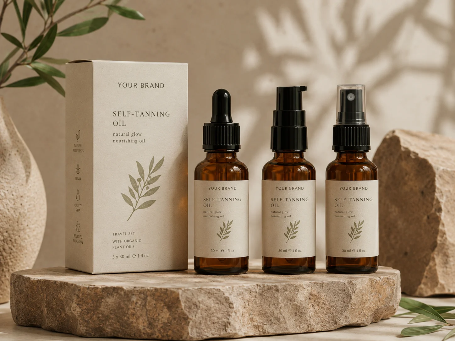Three amber glass bottles of self-tanning oil alongside packaging featuring minimalist design and natural branding, displayed on stone surfaces.