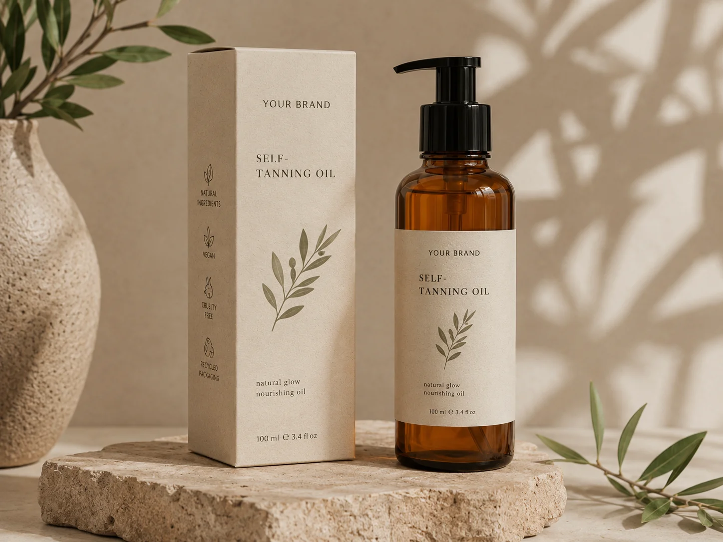 Brown bottle of self-tanning oil with matching box packaging, displayed on a stone slab with nearby natural elements.