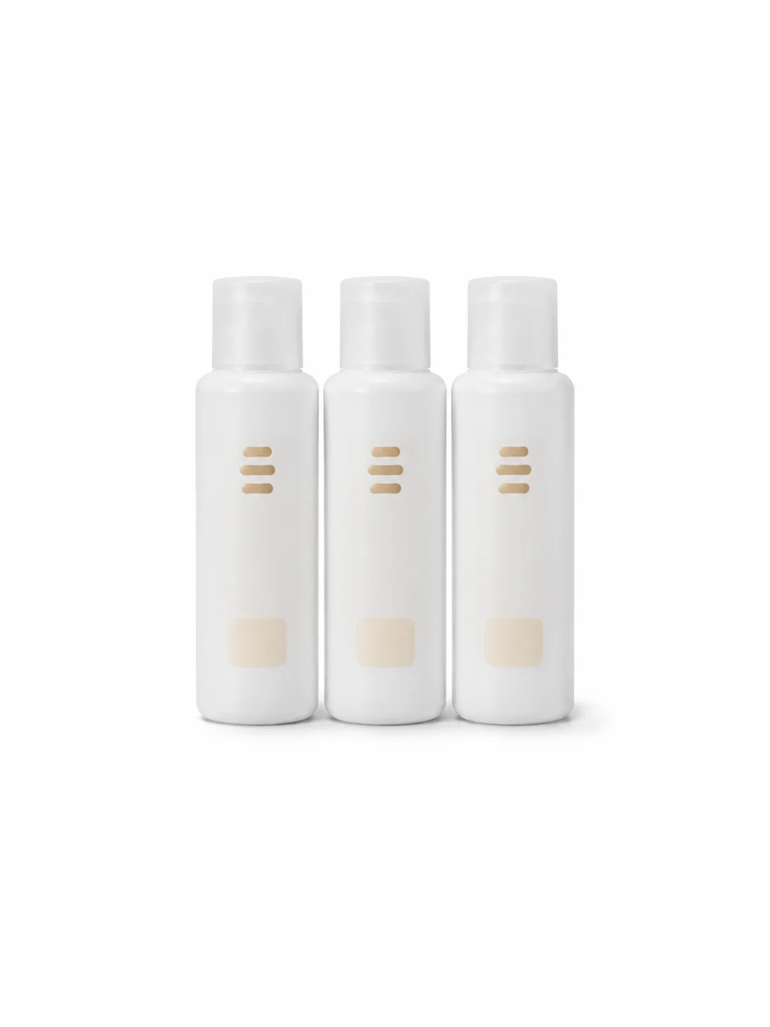 Three white plastic bottles with a minimalist design arranged in a row against a white background.