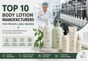 Grafische Auflistung oben 10 Hersteller von Körperlotionen für Privatmarken, mit Flaschen Lotionen, ein Laborant, und Bilder der Produktionslinie.