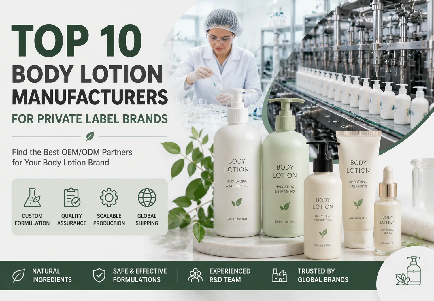 Grafische Auflistung oben 10 Hersteller von Körperlotionen für Privatmarken, mit Flaschen Lotionen, ein Laborant, und Bilder der Produktionslinie.