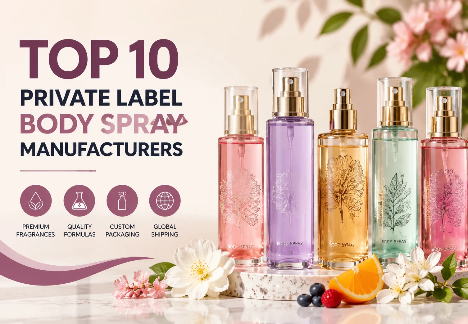 A display of elegant body spray bottles with colorful designs, surrounded by flowers and fruit, showcasing 'Top 10 private label body spray manufacturers' tagline.