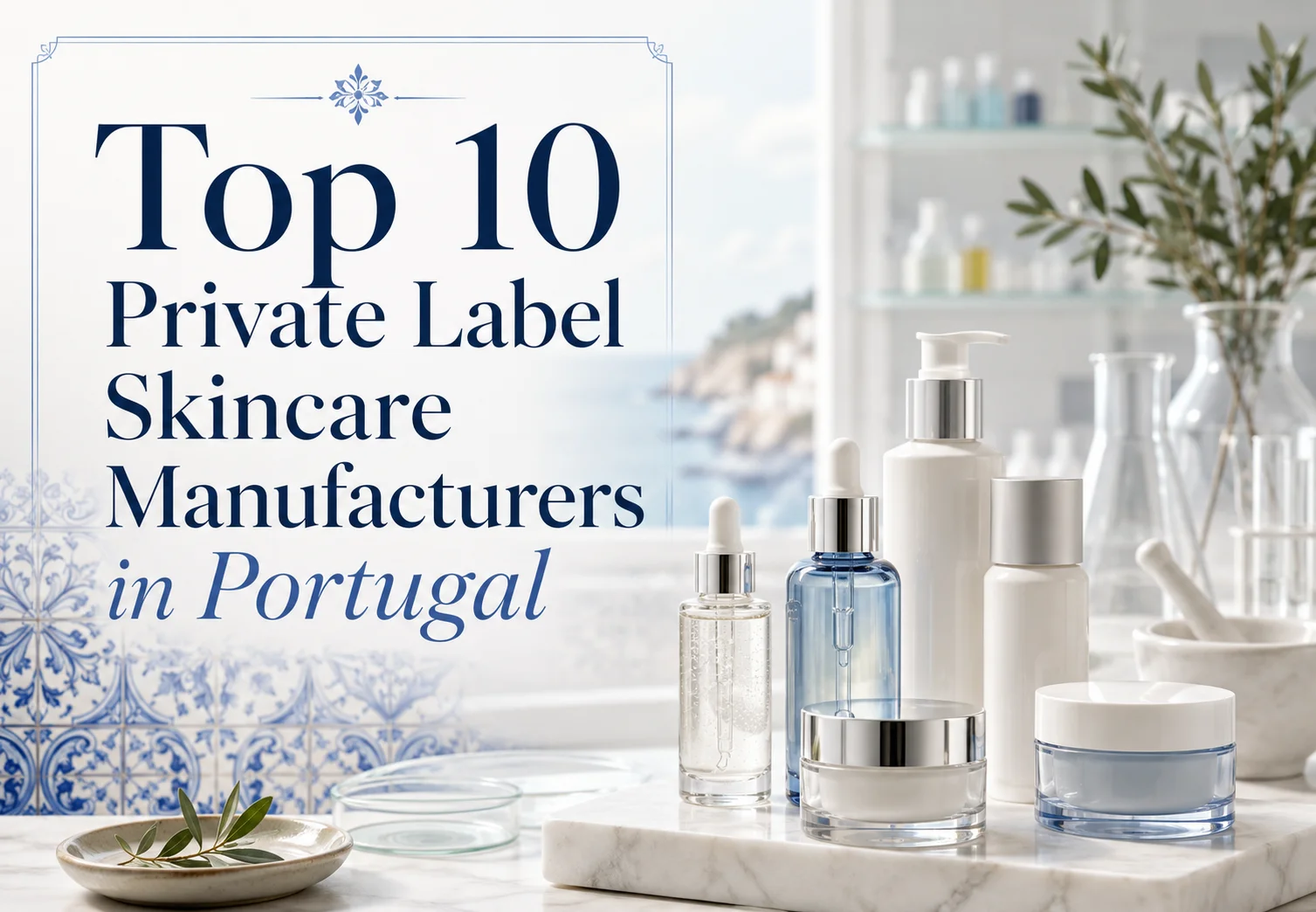 Assorted skincare product bottles and jars on a marble surface, with a coastal Portugal background and text: 'Top 10 Private Label Skincare Manufacturers in Portugal'.