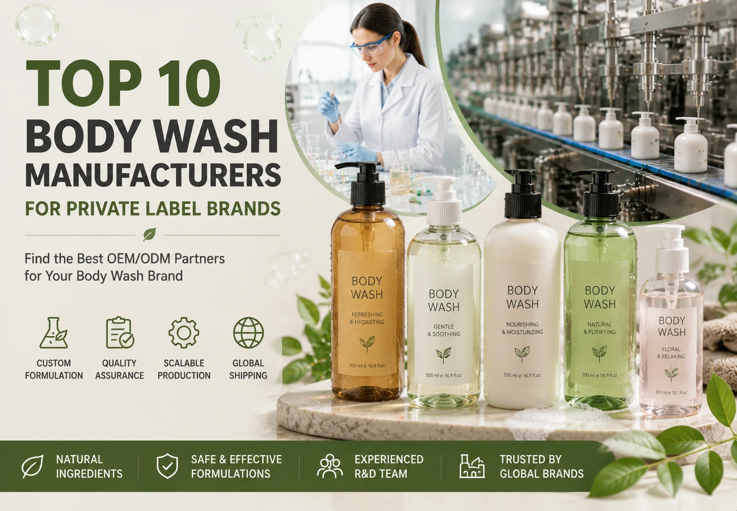 Promotional graphic for the top 10 body wash manufacturers for private label brands, featuring labeled body wash bottles, a chemist working in a lab, and an automated production line.