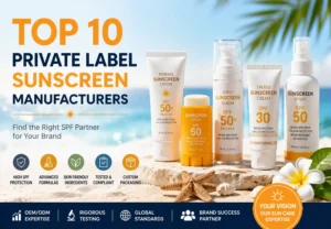 A display of sunscreen products labeled SPF 30 to SPF 50+ with promotional text for top private label sunscreen manufacturers. Includes key features like high SPF protection and customizable packaging.
