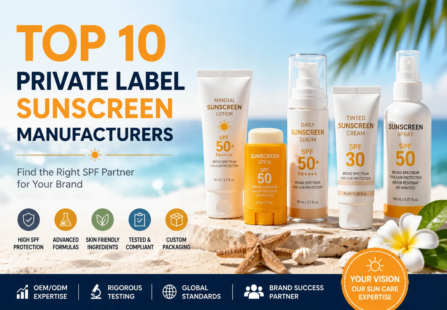 A display of sunscreen products labeled SPF 30 to SPF 50+ with promotional text for top private label sunscreen manufacturers. Includes key features like high SPF protection and customizable packaging.