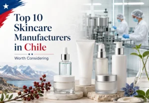 Une exposition de produits de soins de la peau avec un laboratoire et une usine en arrière-plan, mettant en lumière les meilleurs fabricants du Chili.