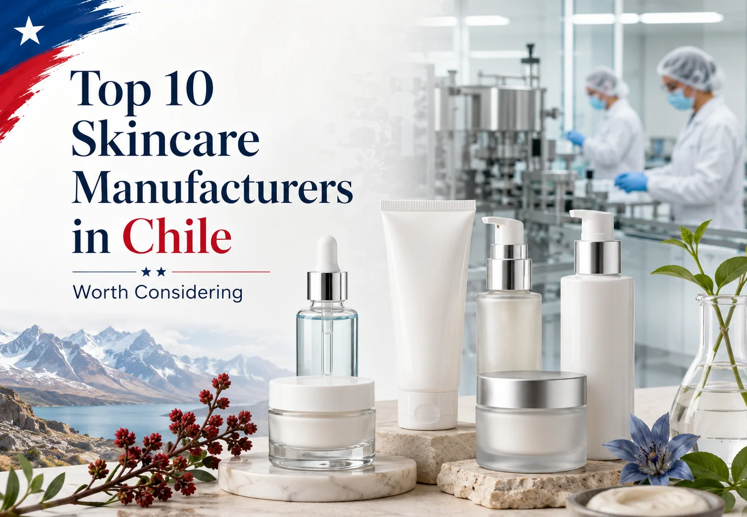 A display of skincare products with a lab and factory setting in the background, highlighting the top manufacturers in Chile.