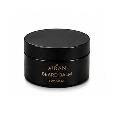 Black container of Xiran Beard Balm labeled 2 oz / 60 ml, designed for grooming and conditioning beards.