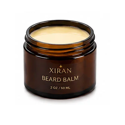 Xiran beard balm in a brown amber jar with golden text, containing 2 oz (60 ml) of product.