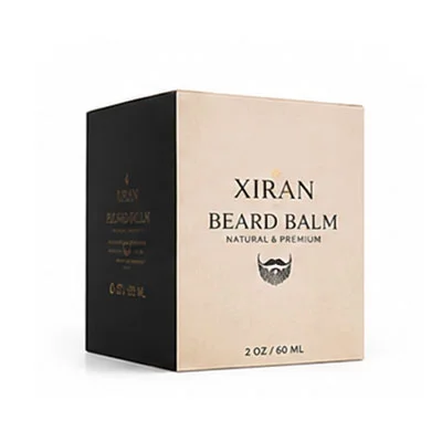 A beige and black packaging box for Xiran Beard Balm, labeled 'Natural & Premium', 2 oz / 60 ml size.