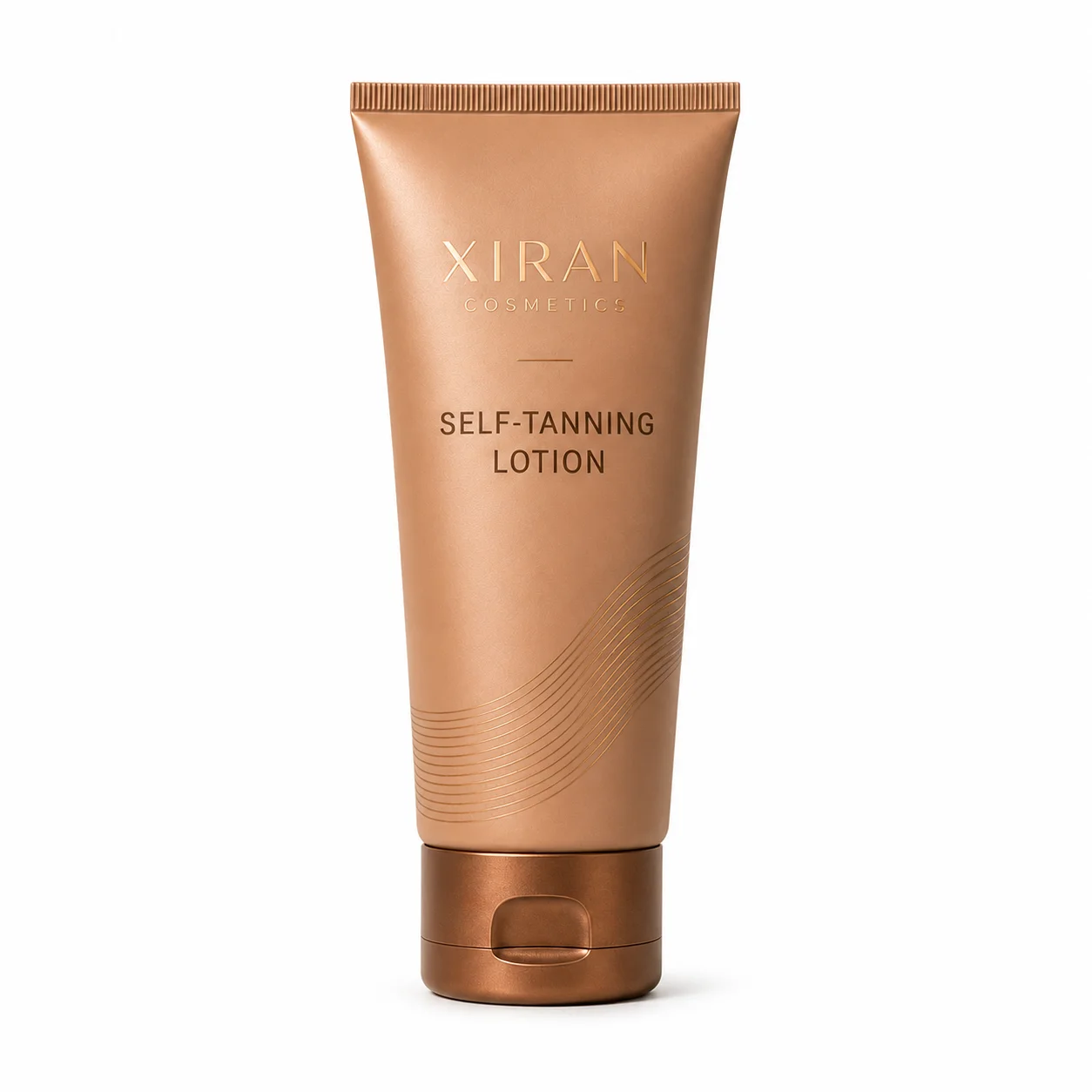 Xiran Cosmetics self-tanning lotion in a bronze tube with minimalist design, displayed on a white background.