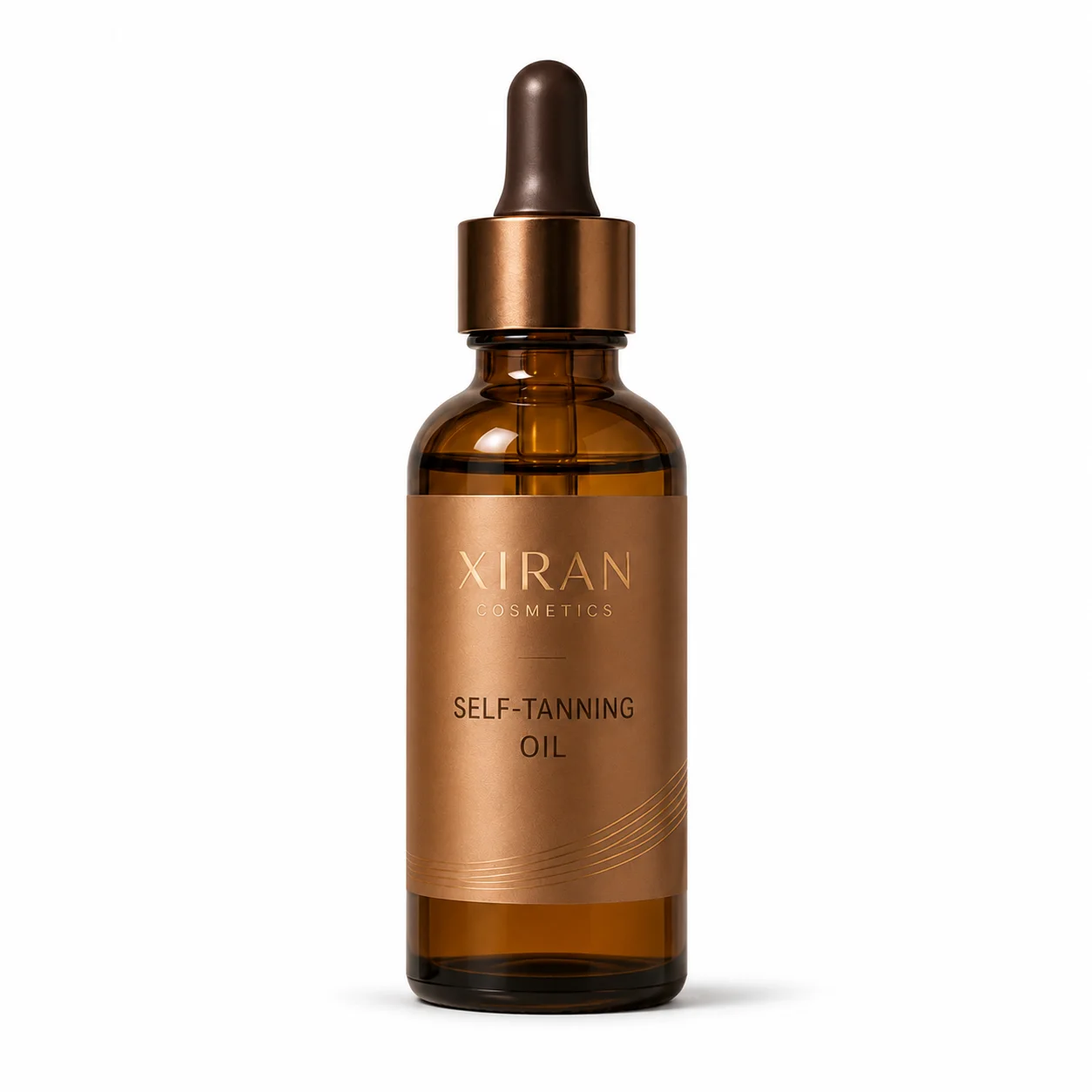 Amber glass bottle labeled 'Xiran Cosmetics Self-Tanning Oil' with a bronze cap and dropper.