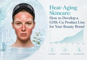 Eine Frau mit sichtbaren Hitzeschäden im Gesicht, Schutzbrille mit braunen Linien, umgeben von Wasser, Becher, und ein Wachstumsdiagramm mit Text zur Hautpflege bei Hitzealterung und zur Produktentwicklung von GHK-Cu.