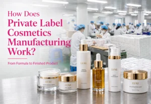 Eine Auswahl an Luxe-Hautpflegeprodukten auf einem Tisch mit einem Hintergrund, der eine Produktionsanlage und Arbeiter in Laborkitteln und Haarnetzen zeigt. Text overlay reads 'How Does Private Label Cosmetics Manufacturing Work?'