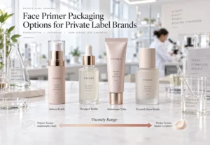 Various face primer packaging options including airless bottle, dropper bottle, aluminum tube, and frosted glass bottle displayed on a marble surface in a laboratory setting.