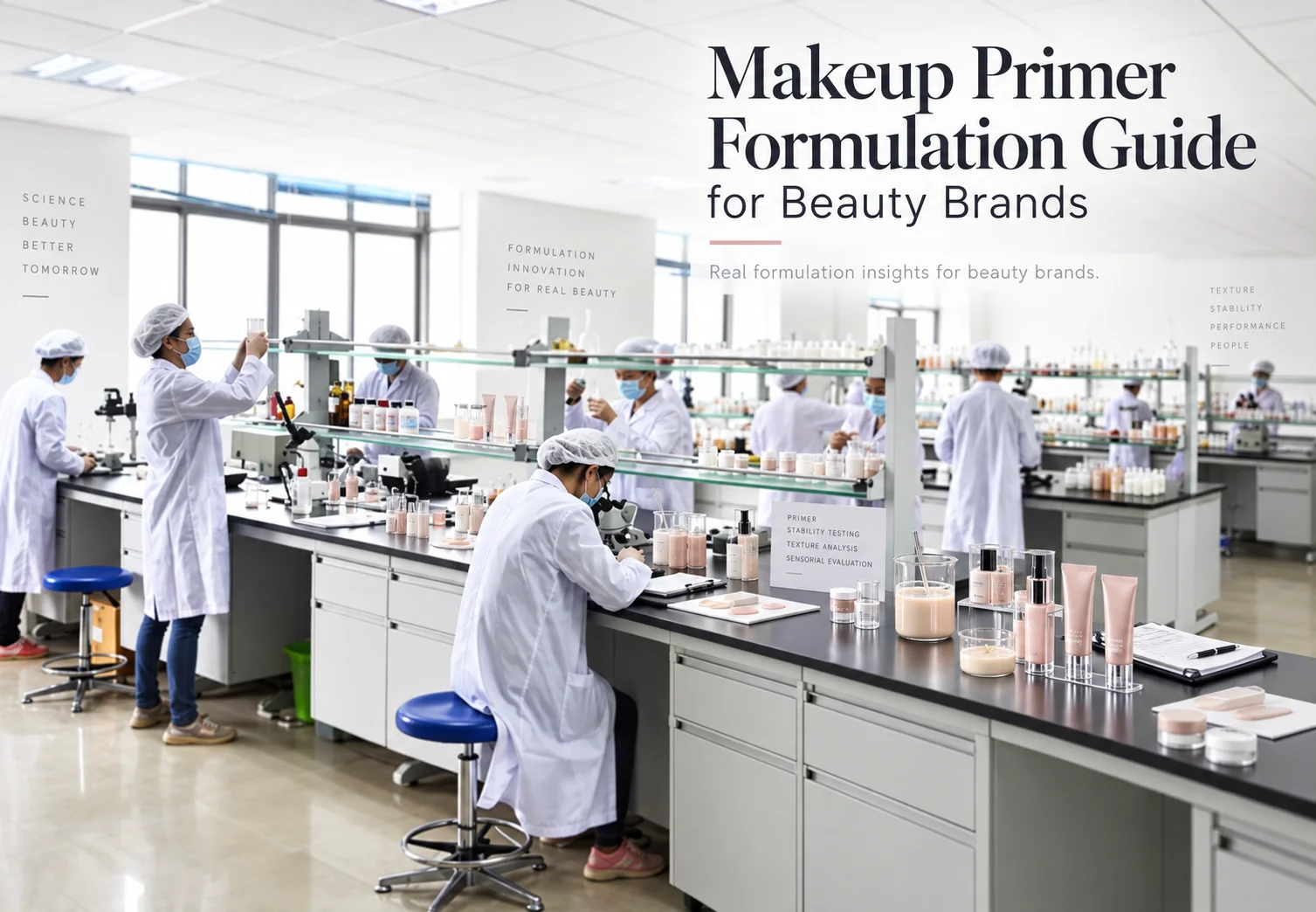 Wissenschaftler in einem Labor in Laborkitteln und Haarnetzen forschen an Make-up-Formulierungen für Schönheitsprodukte.