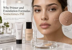 A side-by-side comparison showing the effects of incompatible primer and foundation formulas, with one side of the face smooth and the other showing pilling. Primer and foundation products are displayed on a marble surface.