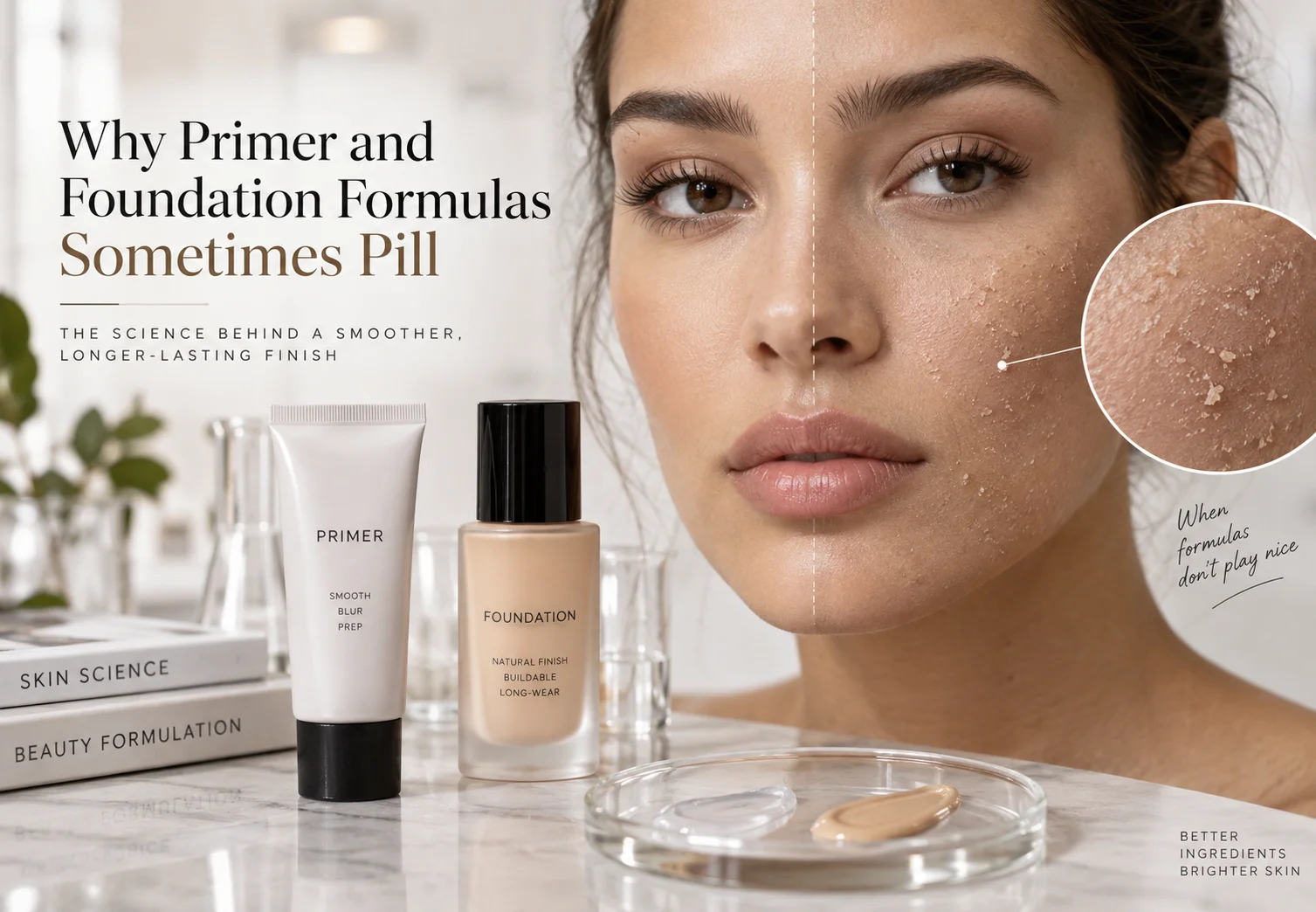 A side-by-side comparison showing the effects of incompatible primer and foundation formulas, with one side of the face smooth and the other showing pilling. Primer and foundation products are displayed on a marble surface.