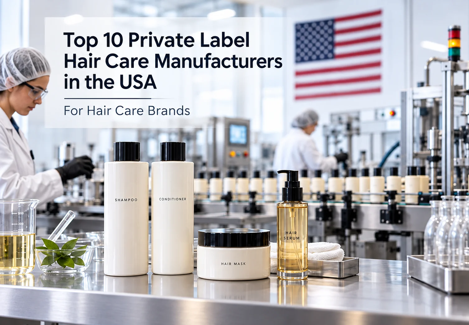 Exibição de shampoo, condicionador, máscara de cabelo, e soro em um balcão de laboratório com uma fábrica e trabalhadores em segundo plano, destacando a produção de produtos capilares de marca própria nos EUA.