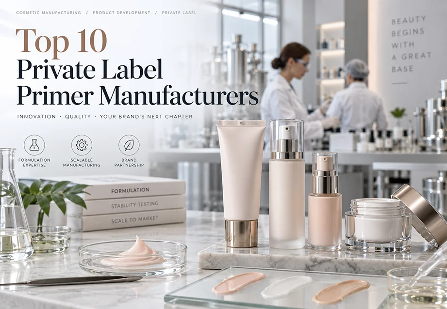 Cosmetic manufacturing setting showcasing skincare primer products on a countertop with lab equipment in the background.