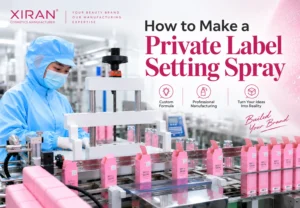 Worker in blue protective gear operates machinery for private label setting spray production in a cosmetics manufacturing facility.