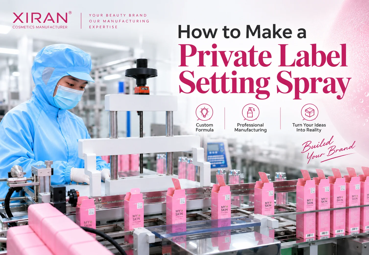 Worker in blue protective gear operates machinery for private label setting spray production in a cosmetics manufacturing facility.