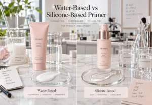 Side-by-side comparison of water-based and silicone-based makeup primers displayed with their key features and ingredients in a professional laboratory setting.