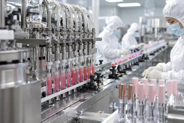 Cosmetic factory production line with workers Production line in a cosmetic factory with workers in protective gear managing machinery and pink liquid filling bottles.