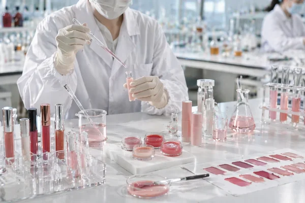 Scientist developing lipsticks in a cosmetic lab Scientist in protective gear working in a cosmetic lab with various lipstick samples and containers on the table.