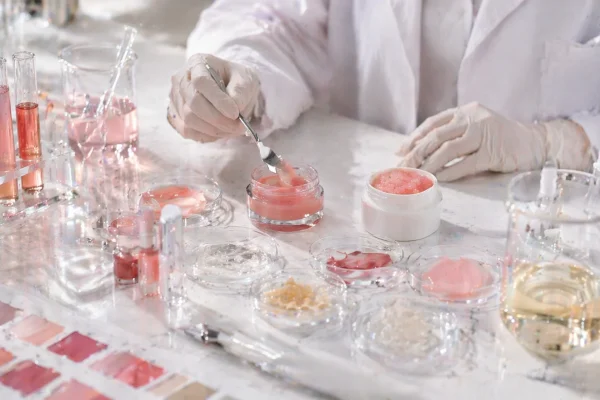 Cosmetic product formulation in a laboratory setting A person in gloves working with pink cosmetic formulations in a laboratory, surrounded by glass containers, test tubes, and color samples.