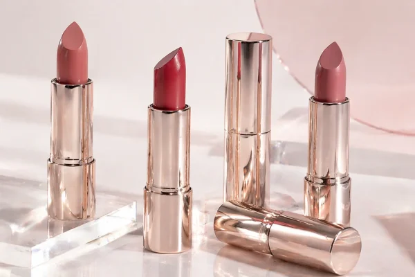 Elegant lipsticks with rose gold cases Three lipsticks in rose gold cases displayed on clear platforms under soft lighting.